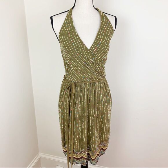 Chetta‎ B Olive Green Beaded Halter Cocktail Dress Sz S - Picture 1 of 8